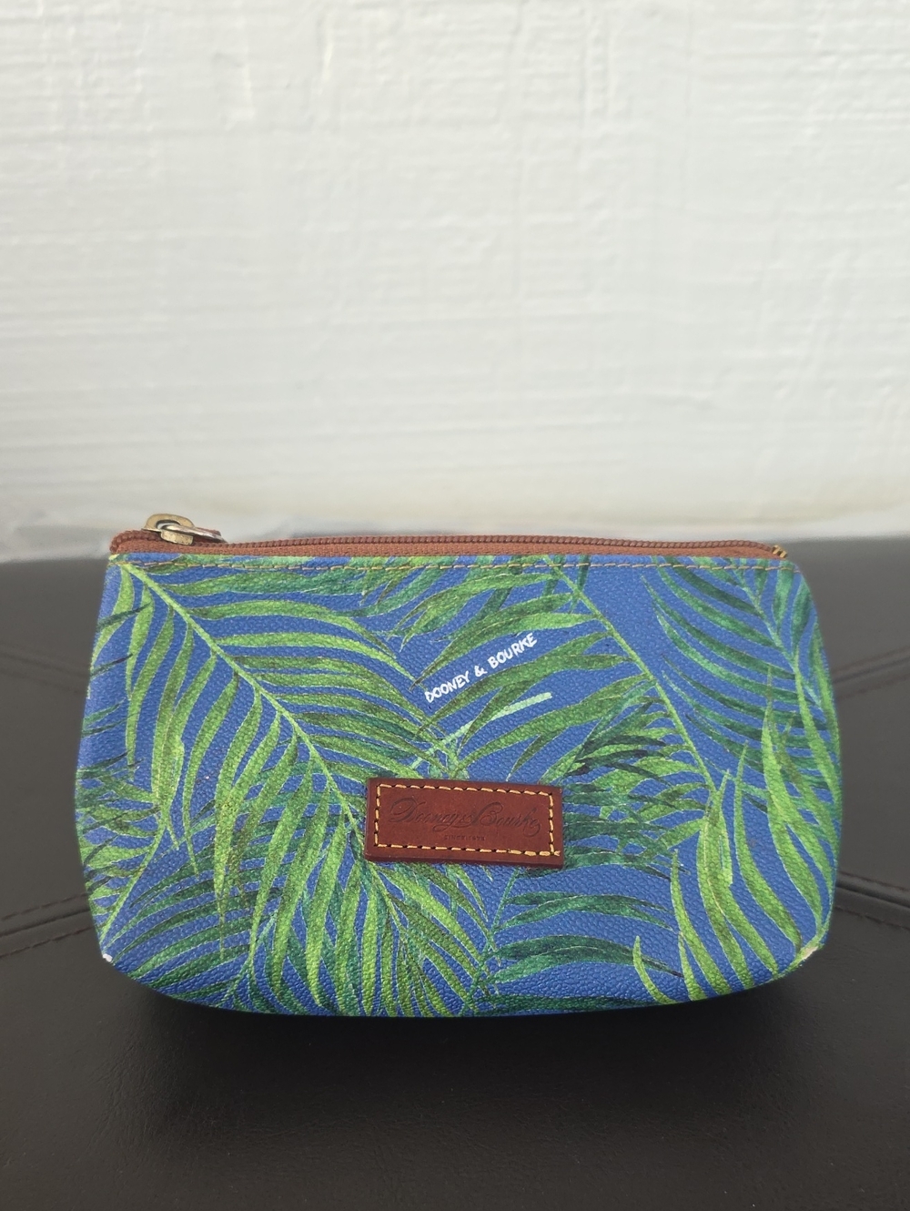 Dooney & Bourke Blue Canvas Leaf Zip Pouch with Green Print